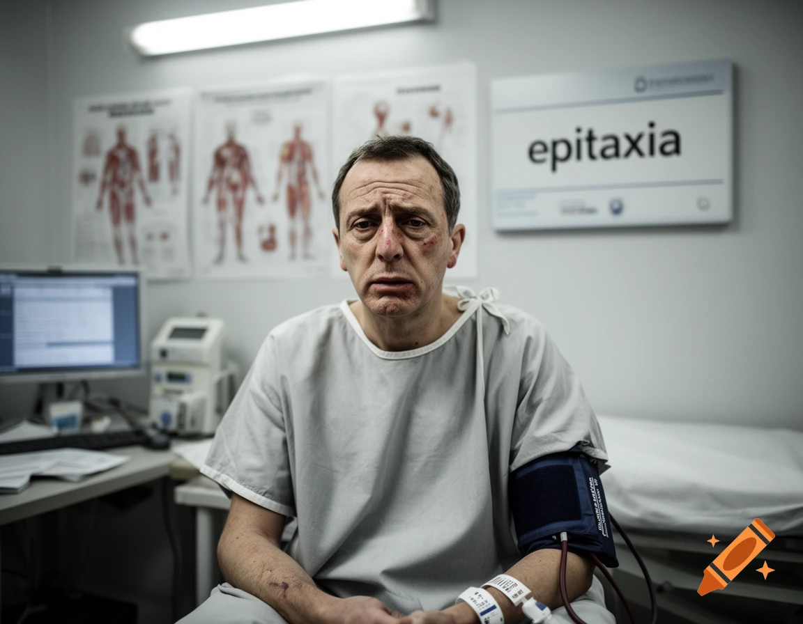 Photorealistic portrait of a distressed male patient in a hospital gown with a blood pressure cuff.