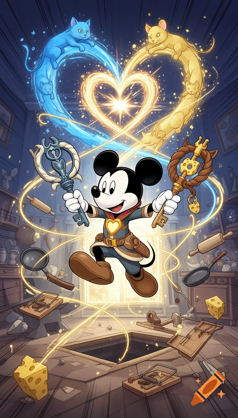 King Mickey wielding magical Keyblade weapons amidst floating cats, mice, and household objects in a fantasy anime style.