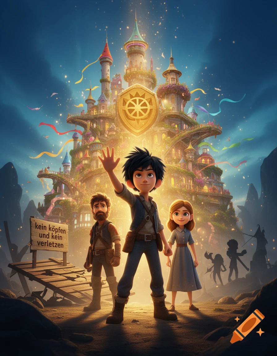 Animated movie poster of three characters standing before a magical castle, with a wooden sign reading German text.