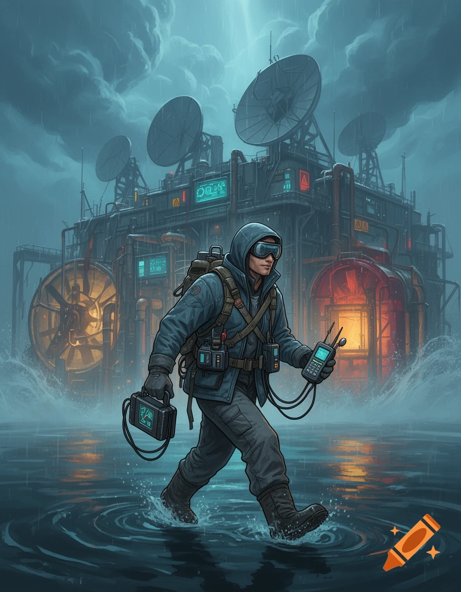 2D concept art of a meteorologist in utility clothes walking through water near a secret weather facility with satellite dishes, storm backdrop.