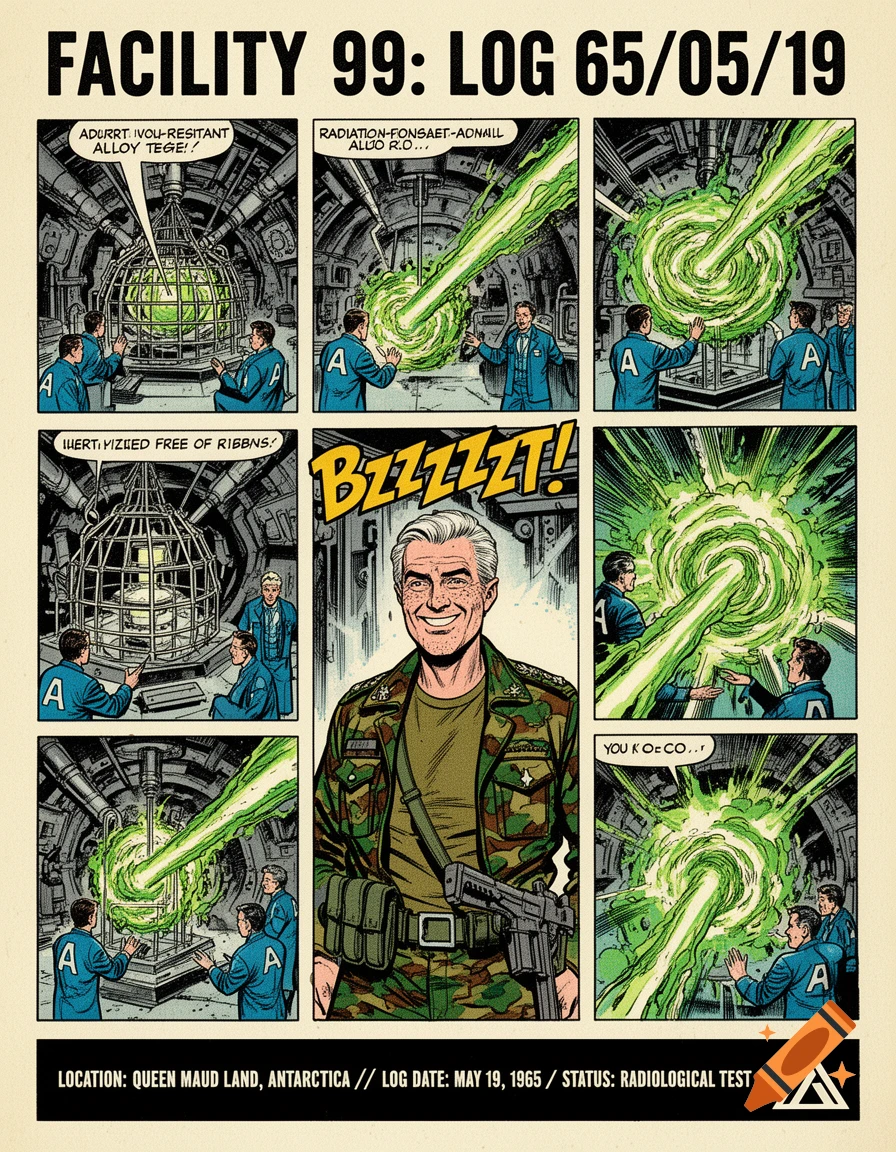 A 1960s comic book page with a 3x3 grid showing a scientific experiment and a military officer, in retro style.