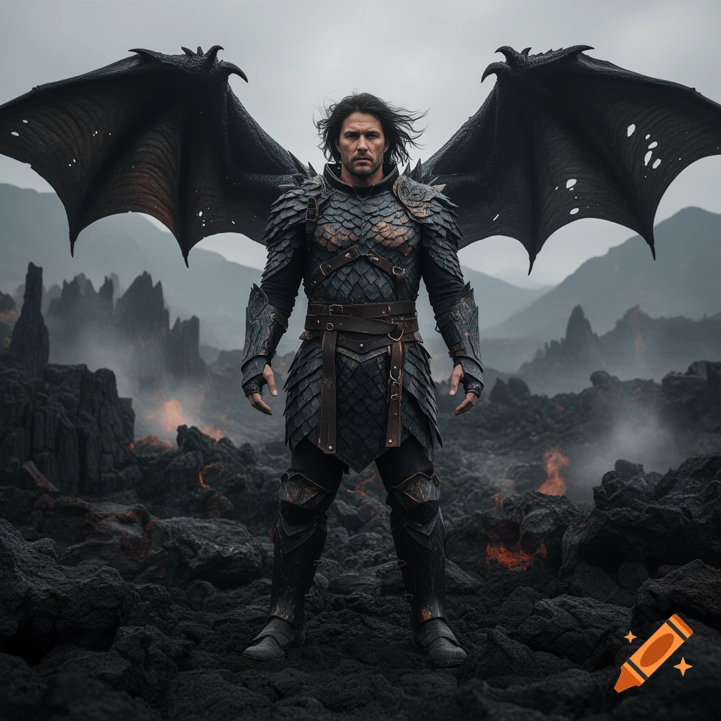 Photorealistic image of a man in black dragon scale armor with large dragon wings standing on a dark rocky volcanic landscape.