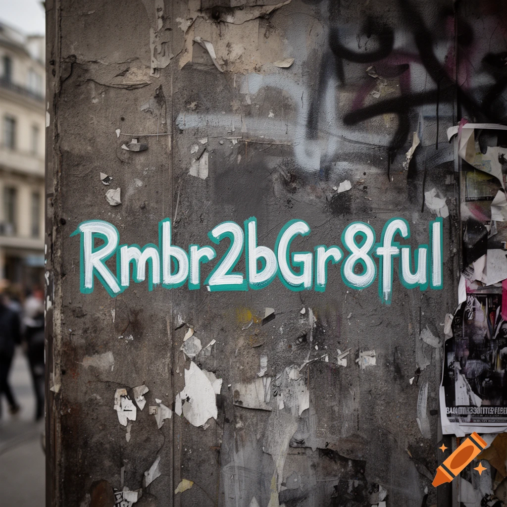 Turquoise spray painted graffiti reading 'Rmbr2bGr8ful' on a weathered concrete wall.