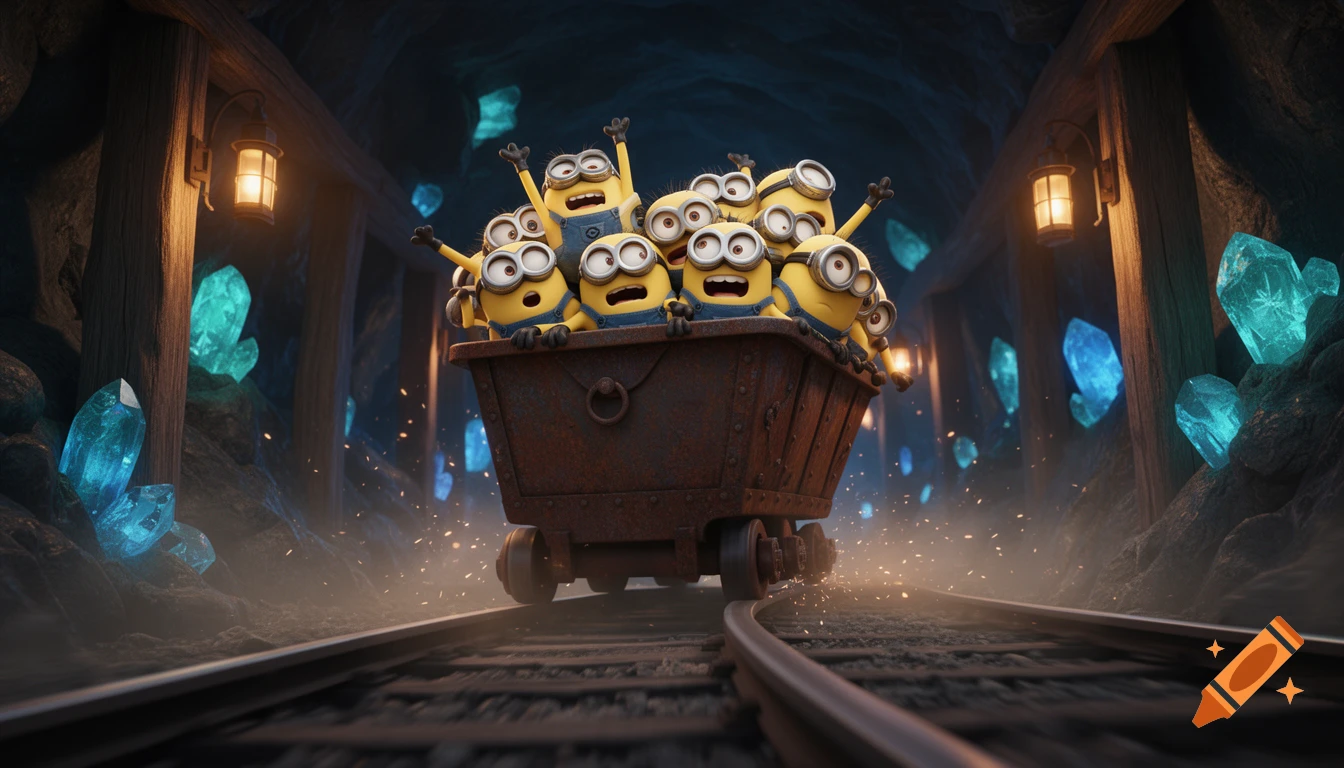 3D animated style of a group of Minions riding in a rusty mine cart through a dark underground cave with glowing blue crystals.