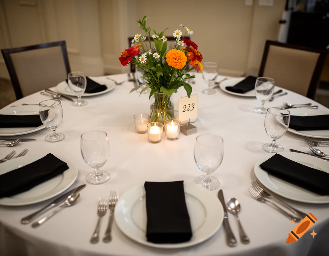 A round dining table with a white tablecloth, black napkins, a floral centerpiece, and votive candles.