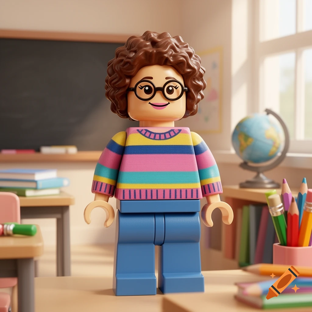 LEGO minifigure of a female teacher with brown curly hair and glasses, standing in a classroom with a chalkboard and globe.