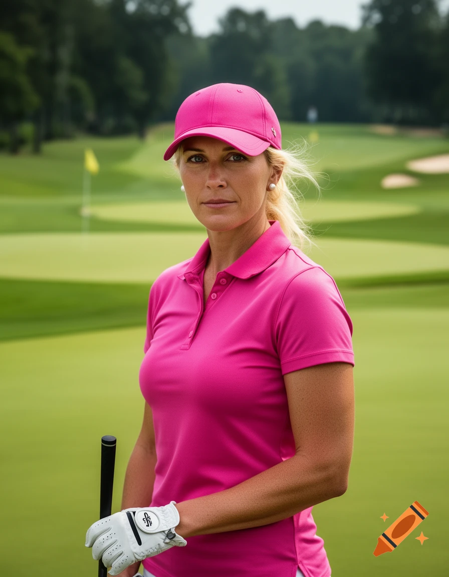 Photorealistic portrait of a blonde woman golfer wearing a pink hat and polo shirt on a golf course.