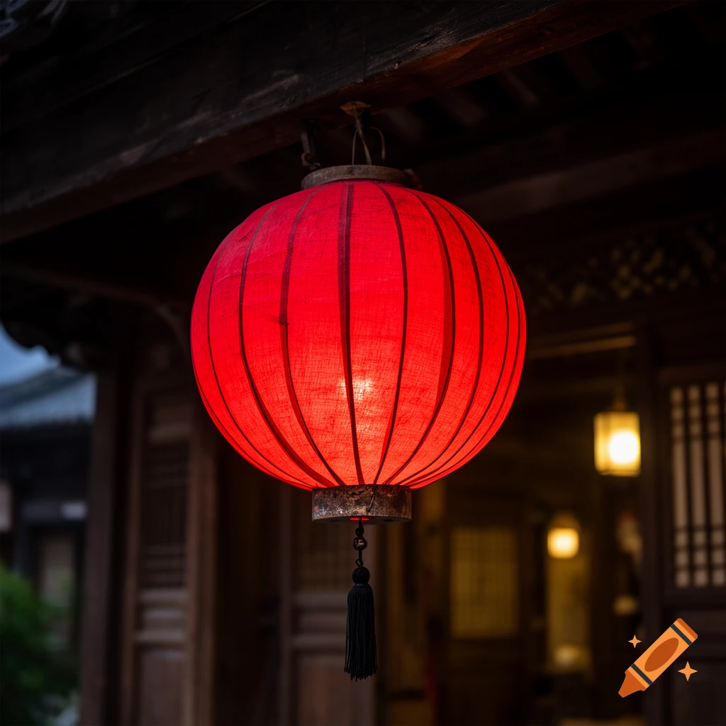 Photorealistic close-up of a glowing red paper lantern hanging from a dark wooden structure at dusk.