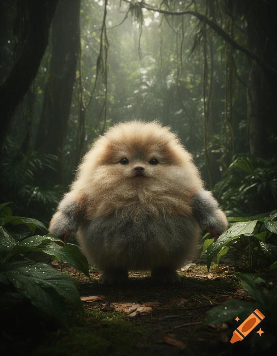 A photorealistic, fluffy round creature with arms and legs standing in a misty jungle.