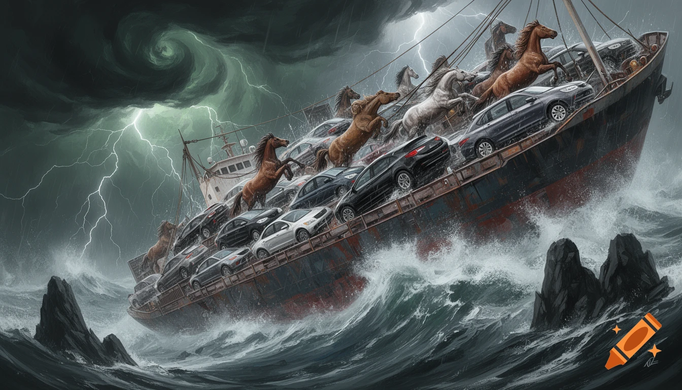 An illustrative freight ship carrying cars and wild horses navigates a turbulent oceanic storm with lightning.