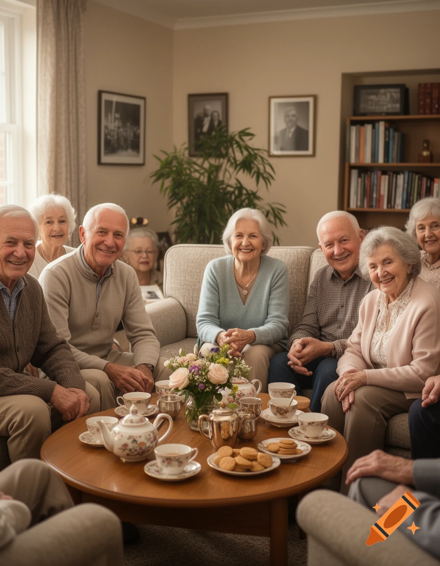 Group of senior men and women gathered around a table for a tea party in a living room, photorealistic.