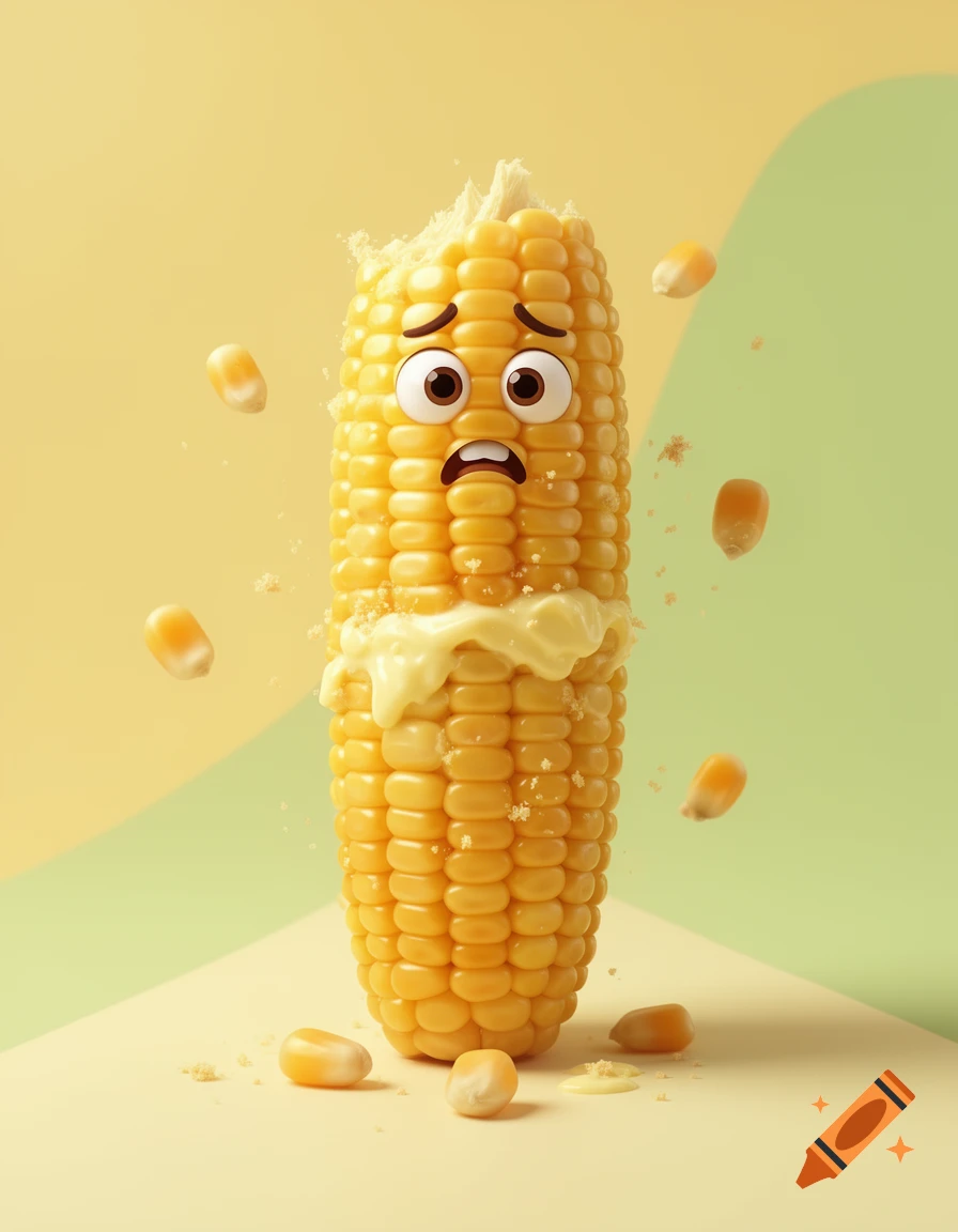 A cartoon ear of corn on the cob with a frightened face, melted butter, and floating corn kernels, 3D render style.
