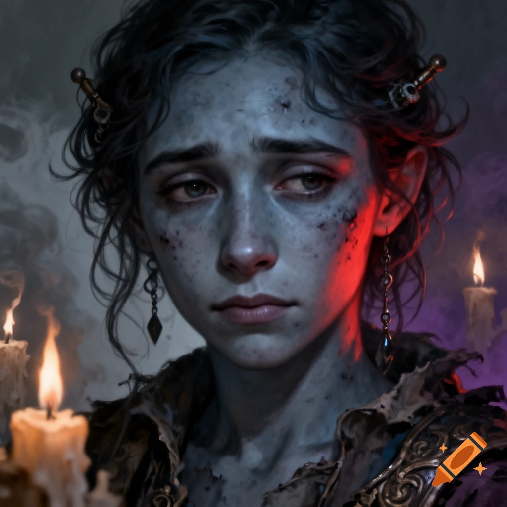 Portrait of a human bard with blue-grey skin, emotional expression, ornate clothing, and glowing candles in a dark fantasy setting.