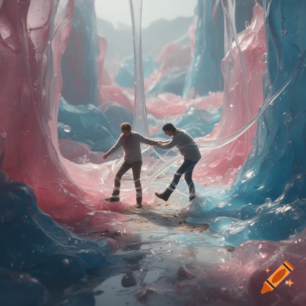 Two tiny people walking through a surreal landscape of giant pink and blue chewing gum with sticky threads.