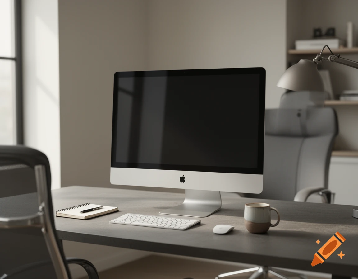 Photorealistic modern office desk with an Apple desktop computer, keyboard, mouse, notebook, and coffee mug.