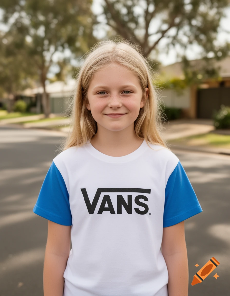 Photorealistic portrait of a 13-year-old blonde girl standing on a suburban street, wearing a white and blue VANS t-shirt.