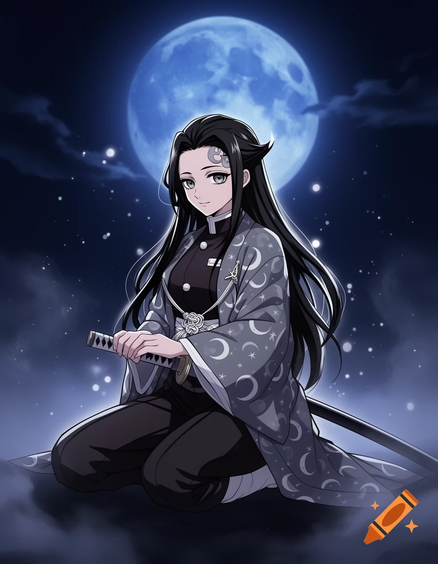 Anime illustration of a female hashira with long black hair and grey eyes kneeling under a blue moon, wearing a patterned grey kimono.