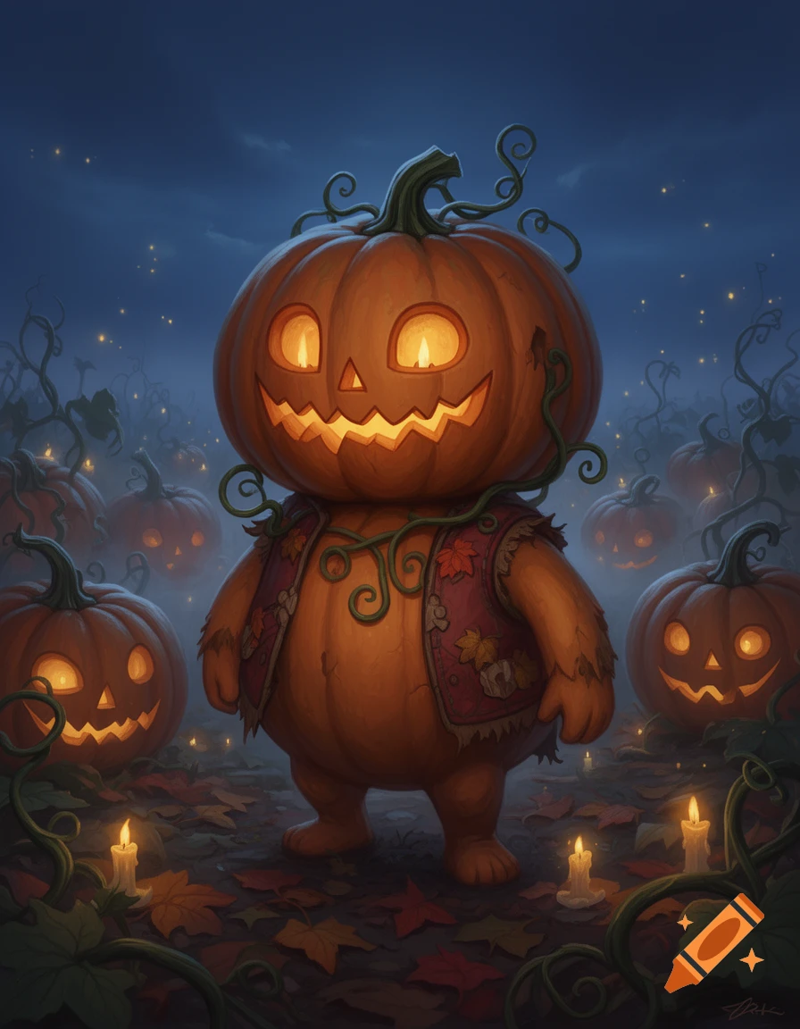 An anthropomorphic carved pumpkin character wearing a vest in a spooky pumpkin patch surrounded by lit candles, digital illustration.