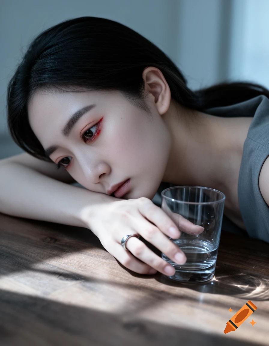 A young East Asian woman resting her head on her arm, holding a glass of water on a wooden table, with a melancholic expression.