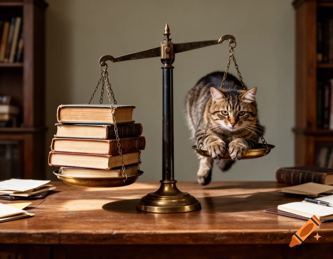 A tabby cat clinging to one side of a brass scale with a stack of books on the other side, on a wooden desk.