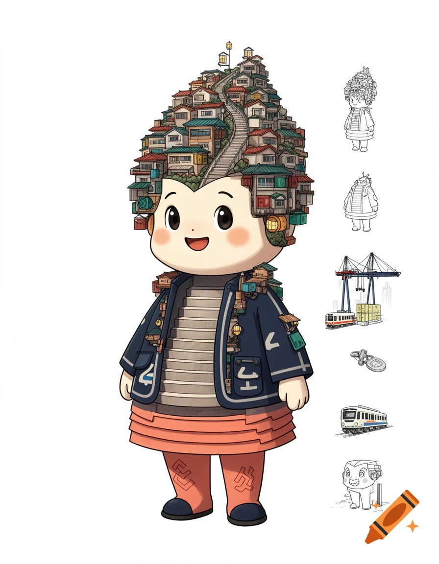 A full-body digital illustration of a cute regional tourism mascot with a hillside village built on its head and stairs for a torso.