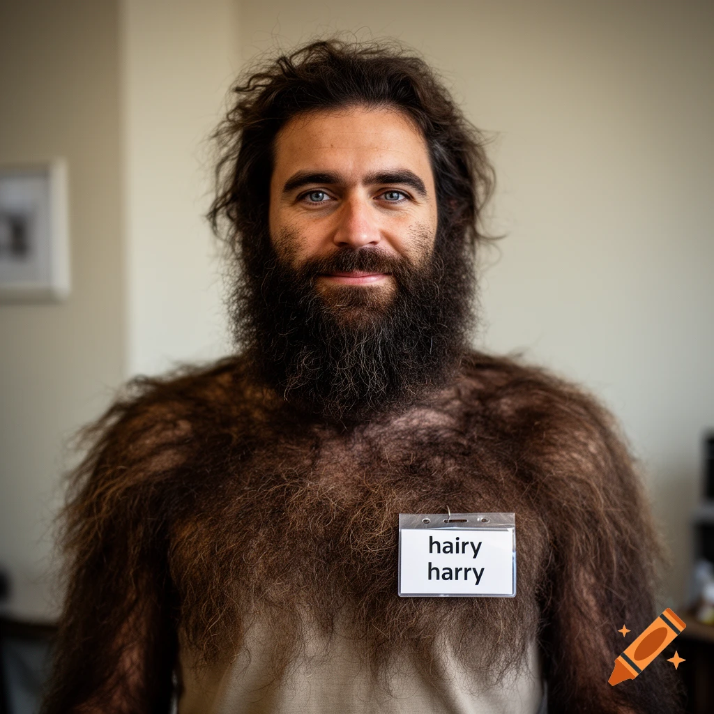 Photorealistic portrait of a man with thick brown hair and a beard, wearing a name tag that reads hairy harry.