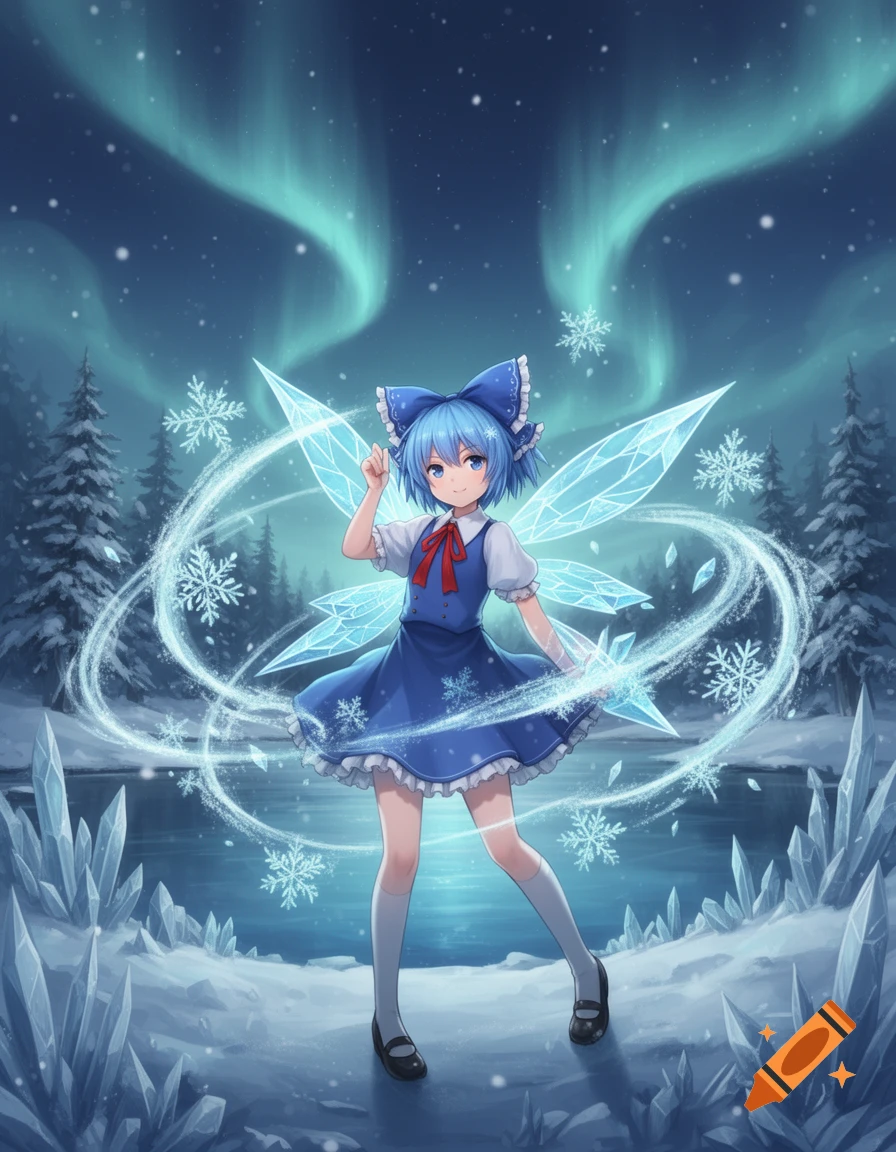 Anime illustration of a blue-haired fairy girl with crystal wings standing in a snowy winter landscape with aurora borealis.