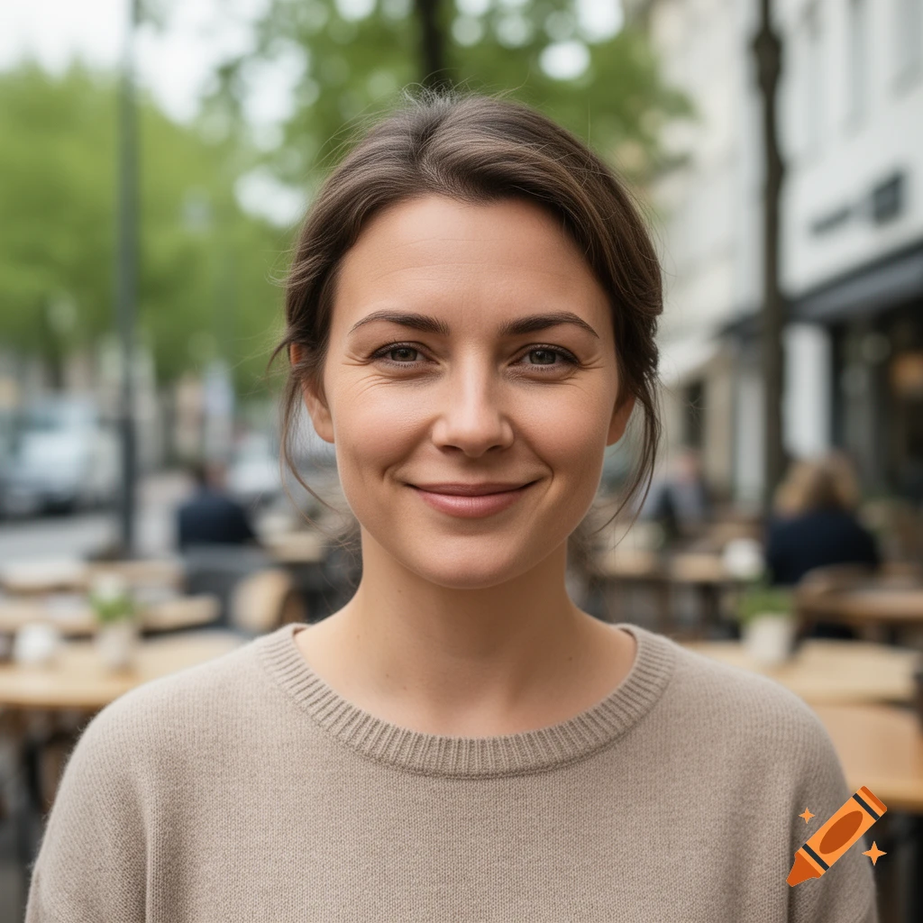 Photorealistic portrait of a smiling woman in her 30s with natural look, wearing a beige sweater in an outdoor cafe setting.