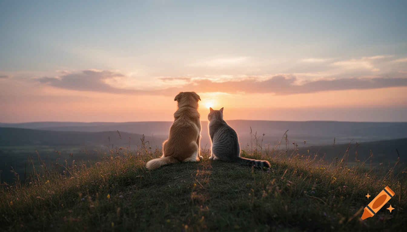 A dog and a cat sitting together on a grassy hill, looking at the sunset over rolling hills in the background.