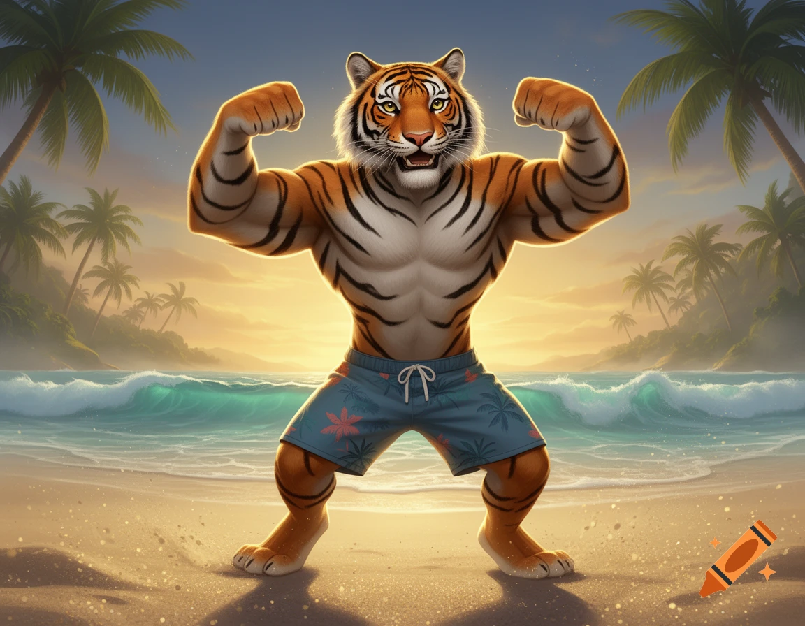 An anthropomorphic tiger with a muscular physique flexing on a tropical beach with palm trees and ocean waves in the background, digital art style.