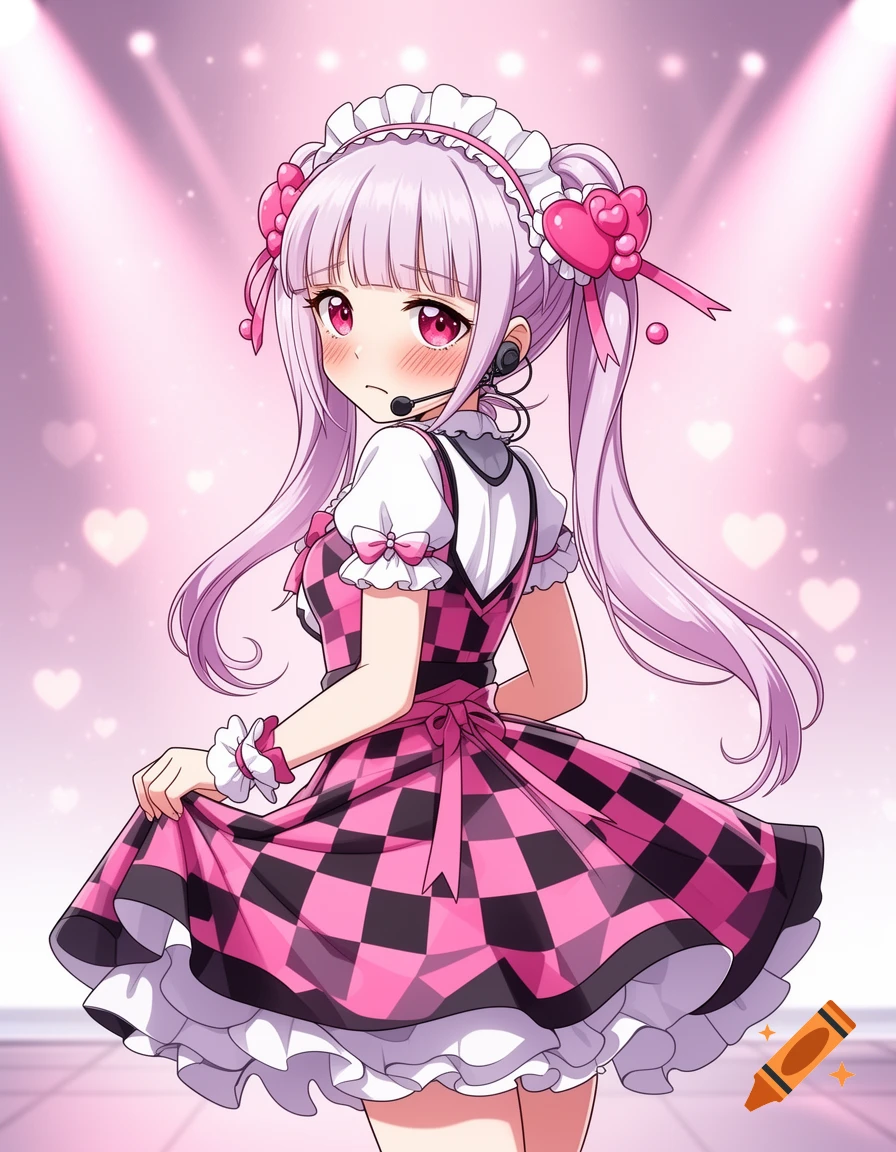 Anime illustration of a blushing pink-haired idol with twin tails wearing a pink and black checkered dress on a stage.