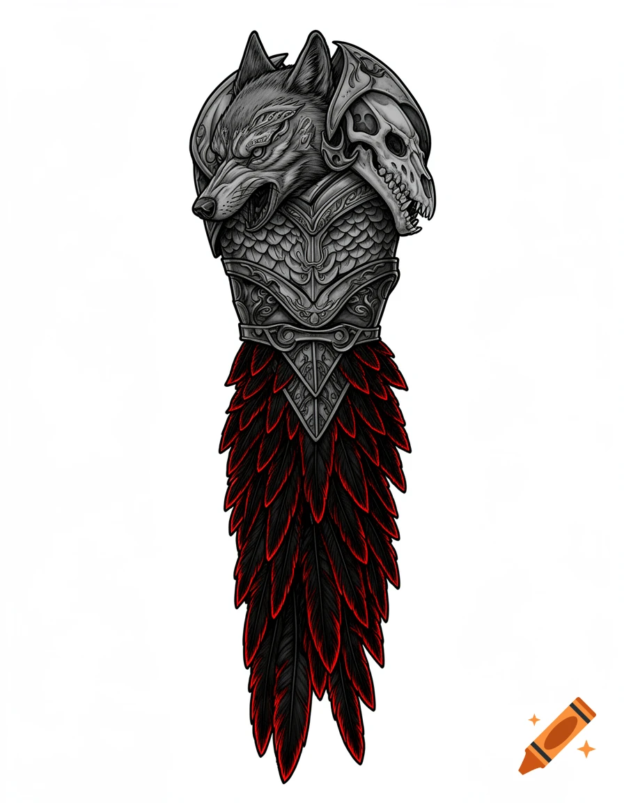 Tattoo design featuring a metallic wolf head shoulder pauldron with black and red glowing raven feather armor.