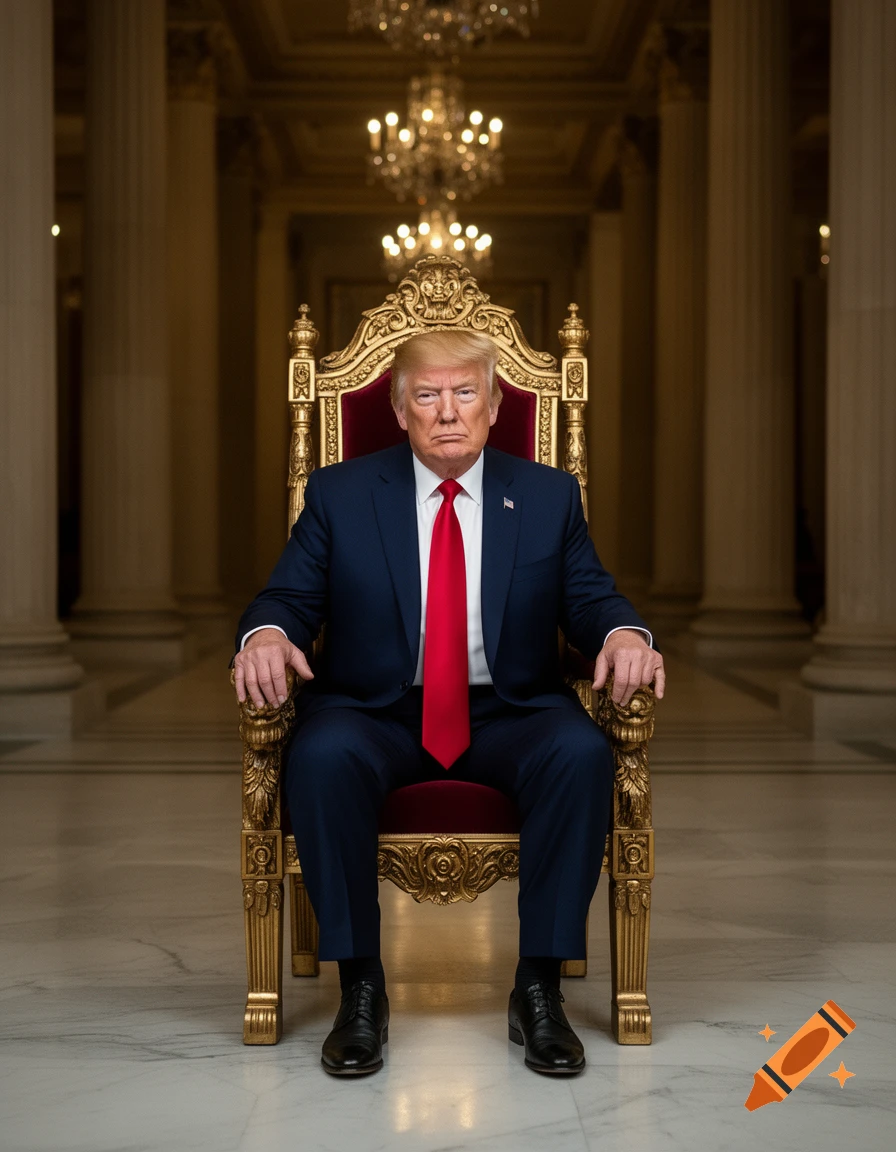 Photorealistic portrait of Donald Trump sitting on a large, ornate golden throne in a grand hall with pillars and chandeliers.