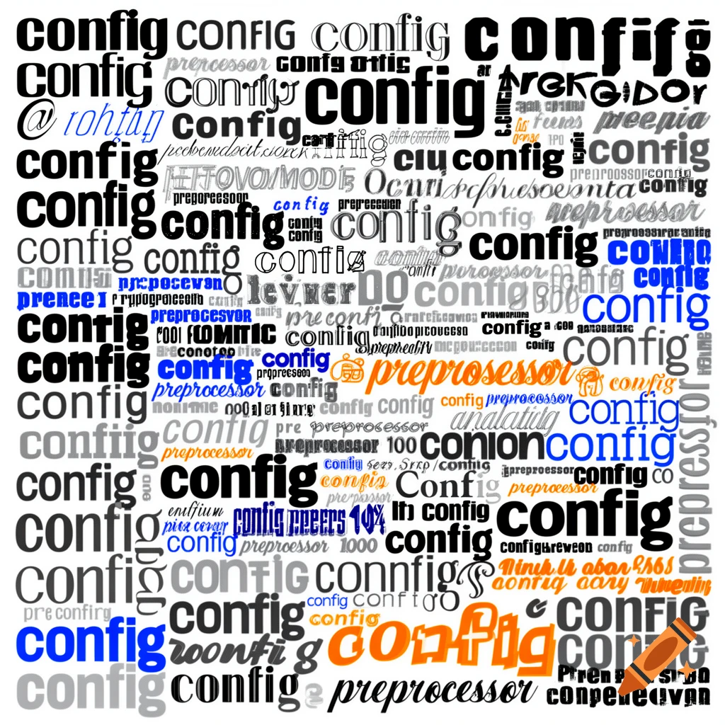 A graphic design composed of the words config and preprocessor repeated in various fonts, sizes, and colors.