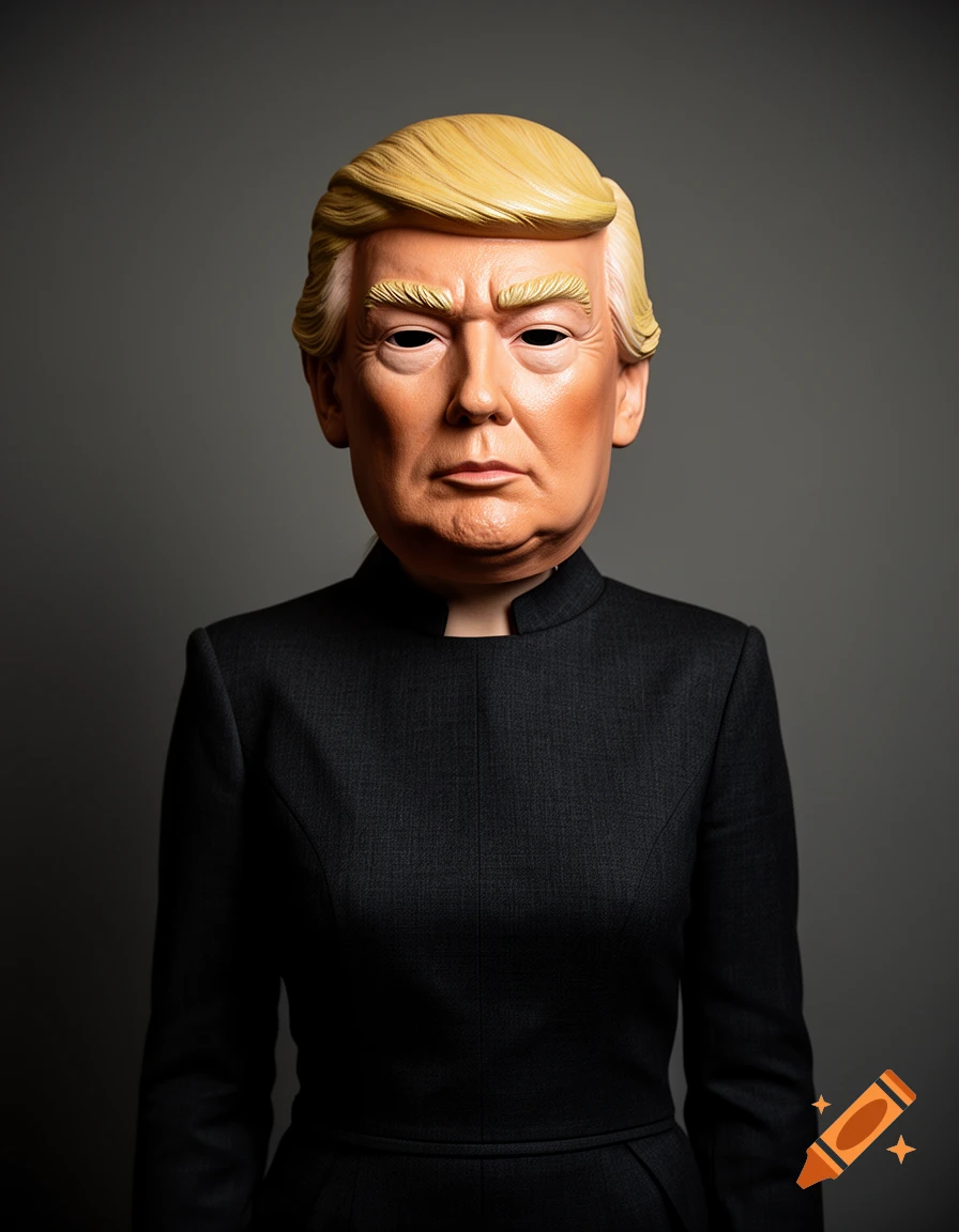 A photorealistic portrait of a person wearing a mask shaped like Donald Trump's face and a black blazer.