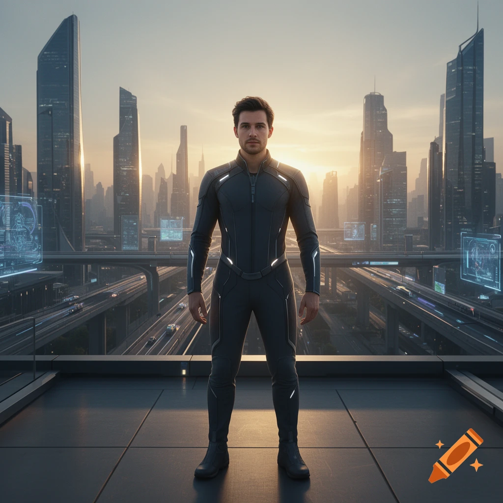 Photorealistic full-body portrait of a man in a futuristic suit standing on a rooftop overlooking a cyberpunk city at sunrise.