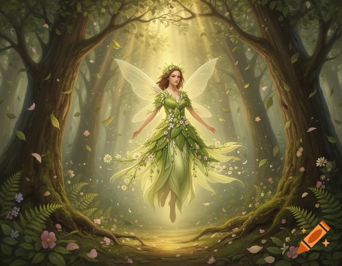 Digital painting of a forest fairy with leaf-and-flower gown and translucent wings hovering in a sunlit woodland between trees.