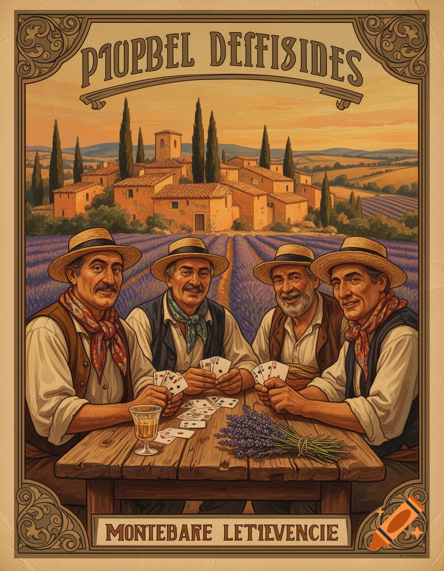 Vintage poster of four elderly Provençal men playing cards at a wooden table in front of a village with lavender fields.