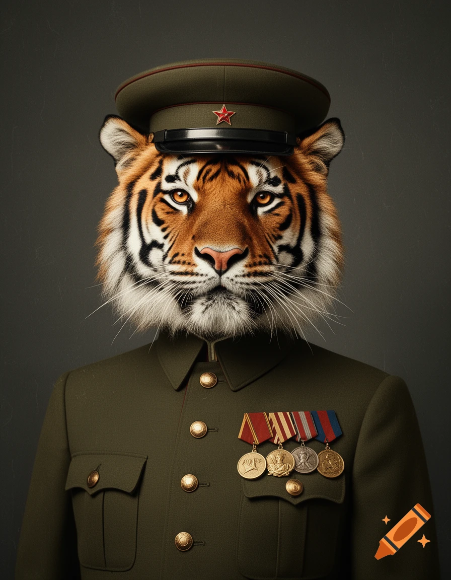 Photorealistic portrait of a tiger with human-like features wearing a military general uniform with medals and a cap.