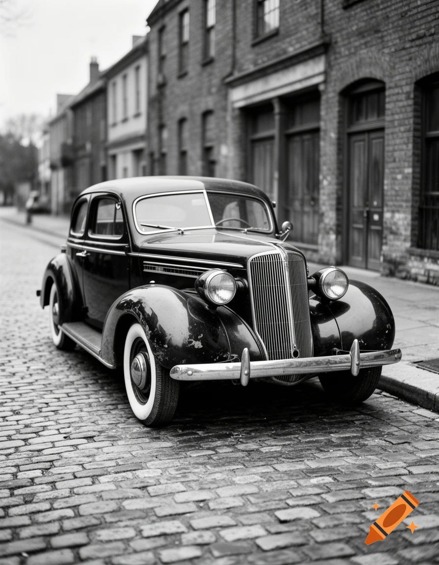 Vintage black car parked on a cobblestone street in front of old brick buildings, black and white photograph.