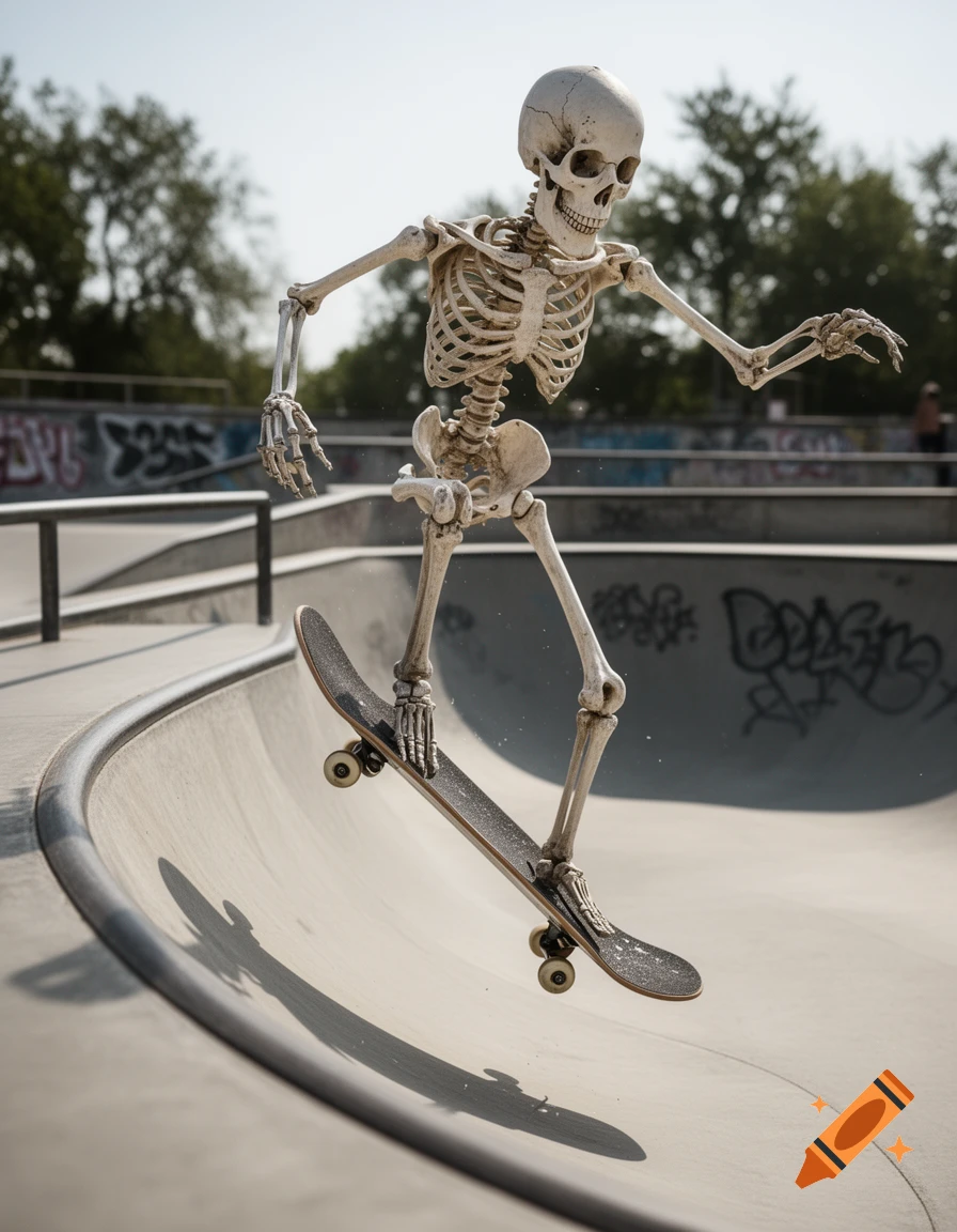 A photorealistic skeleton skateboarding in a concrete bowl at a skatepark.