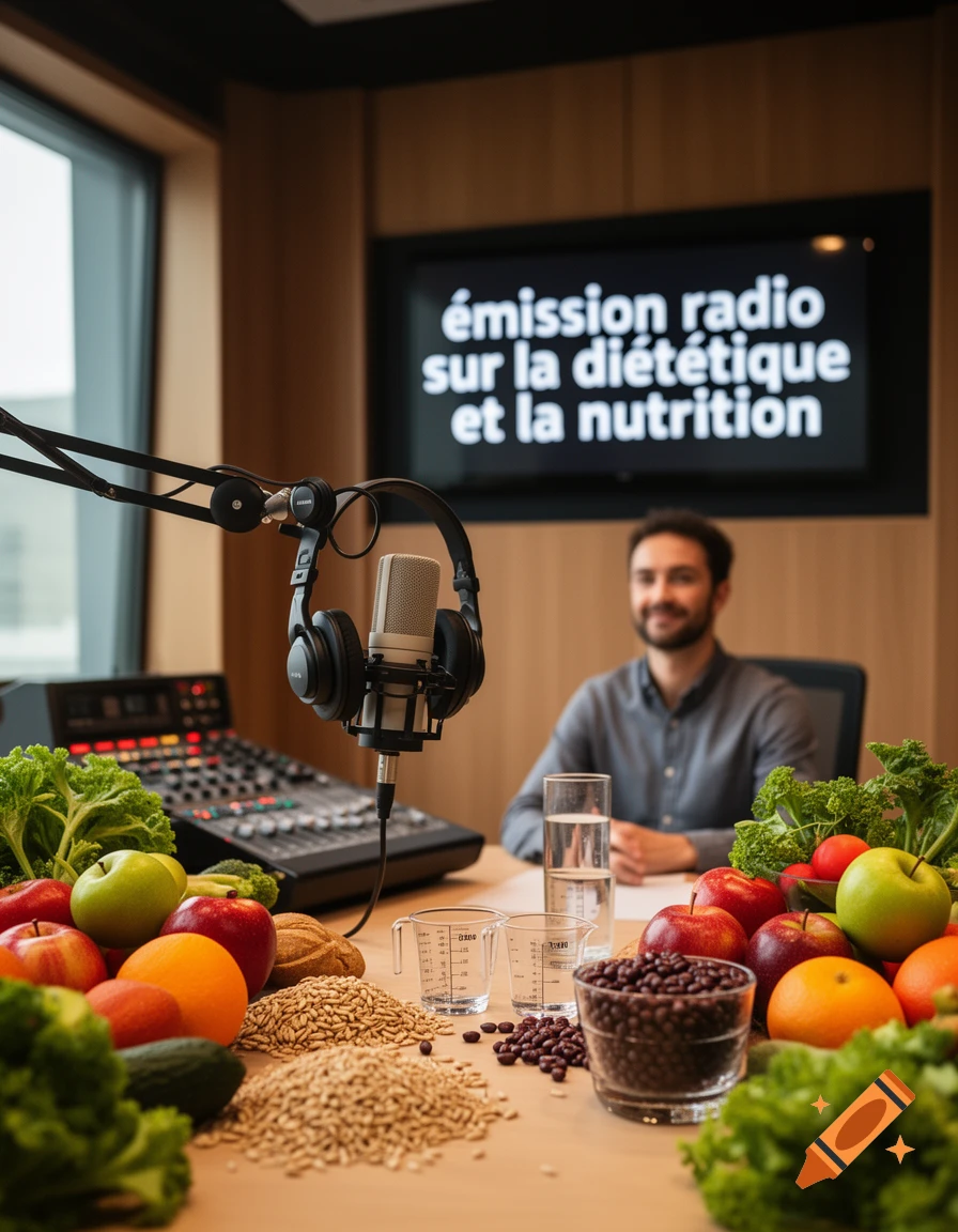 Photorealistic radio studio setting with a microphone, audio mixer, fresh fruits, and vegetables on a table, and a man in the background.