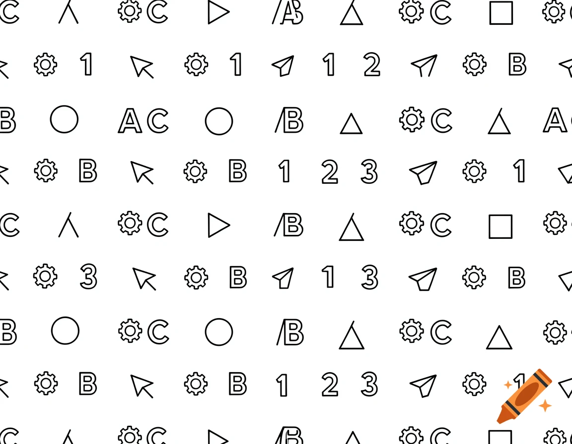 Seamless black and white vector pattern featuring minimalist outline icons of letters, numbers, geometric shapes, and arrows.