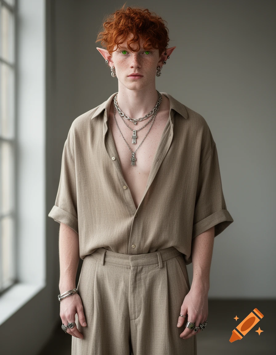 Photorealistic portrait of a young elf man with red curly hair, green eyes, pointy ears, and numerous silver necklaces and rings.