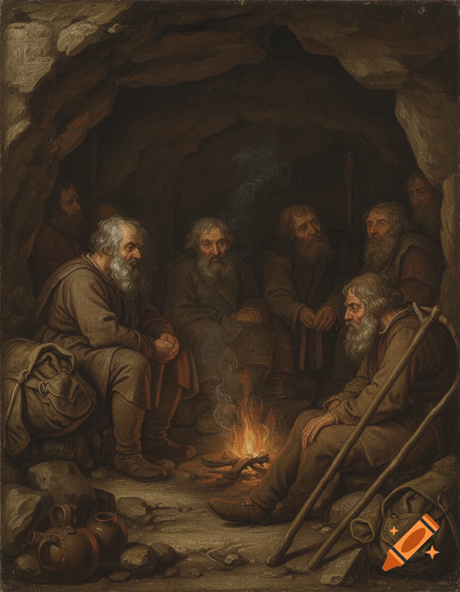 16th-century style oil painting of old, bearded men resting deep underground in a cave around a campfire.