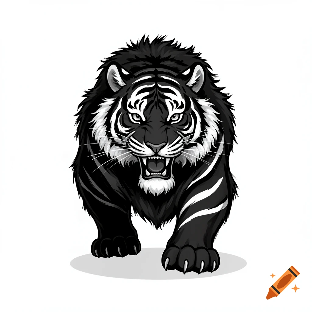 Cartoon illustration of a growling black tiger with white stripes and shaggy fur on a white background.