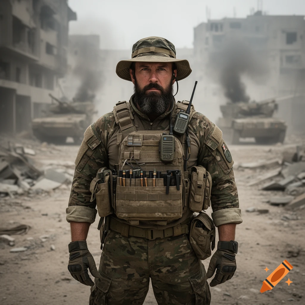 Photorealistic portrait of a bearded soldier in tactical gear and bucket hat standing in a war-torn city street with tanks in the background.