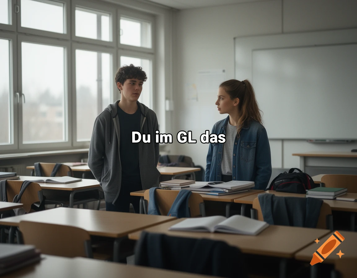 Two teenagers standing and talking in a classroom with desks and a large window.