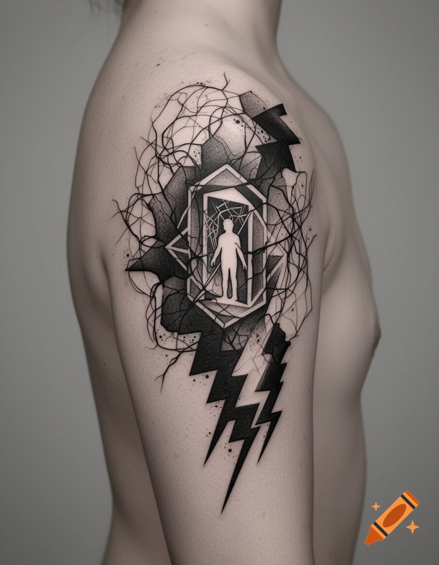 Black and white tattoo on a person's shoulder depicting a geometric door with a glowing silhouette and abstract lightning designs.
