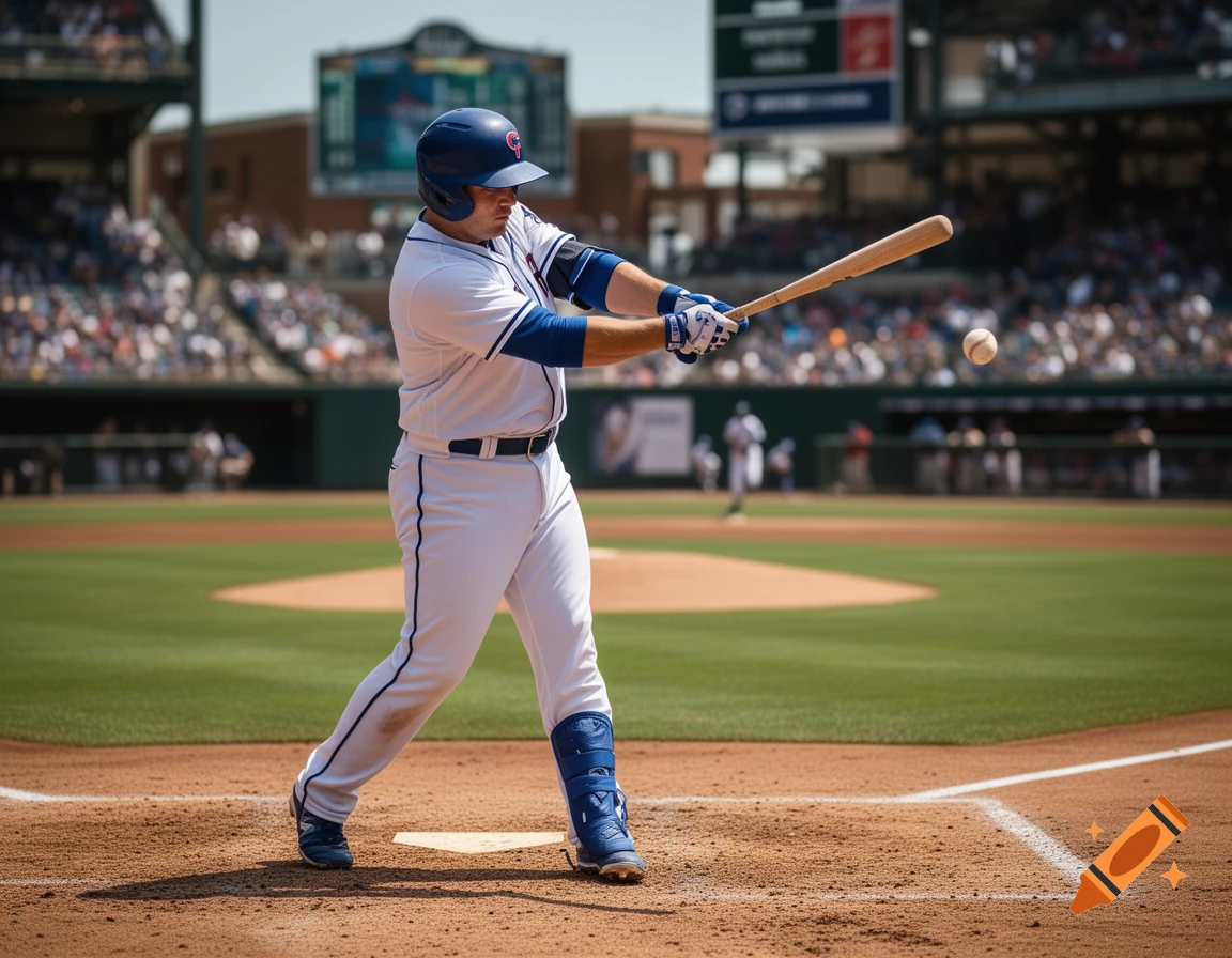 Photorealistic image of a baseball player swinging a bat on a sunny day at a stadium.